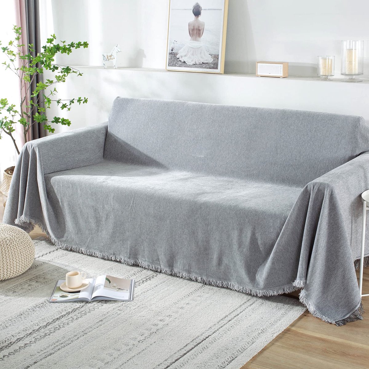 Plaids voor 2-/3-/4-zitsbanken, bankplaid, grote 3-zits, extra groot, wasbaar, antislip, vuilafstotend, bankgooi met kwastjes (180 x 260 cm, lichtgrijs)