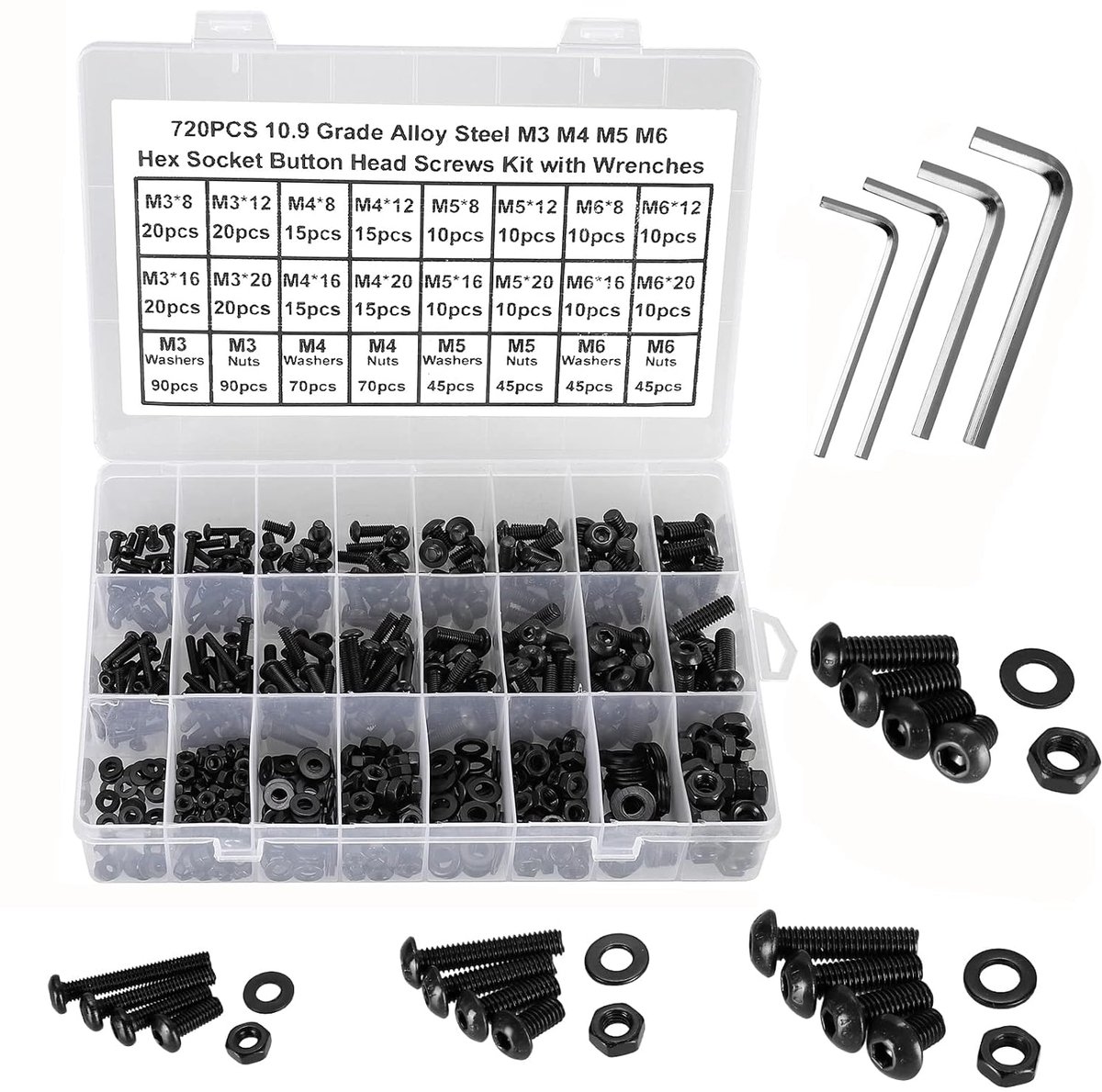 720 Stuks Schroevenset,M3 M4 M5 M6 Lenskopschroeven met Binnenzeskant,Machineschroeven Ronde kop,Inbusschroeven Draadschroeven Zwart 10.9 Staal,Moeren en Sluitringen Sets Met 3 leutel.