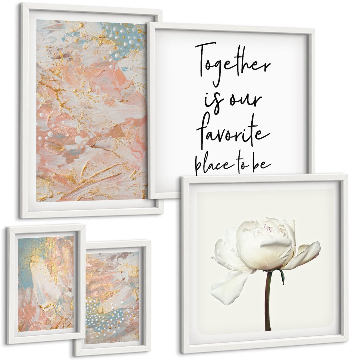 Coloray 5-Delige Schilderij Set - Abstracte Composities Met Bloemen En Inspirerende Slogans - 50 x 50 cm, 20 x 30 cm En 40 x 60 cm - Muurdecoratie - Wanddecoratie - Hal