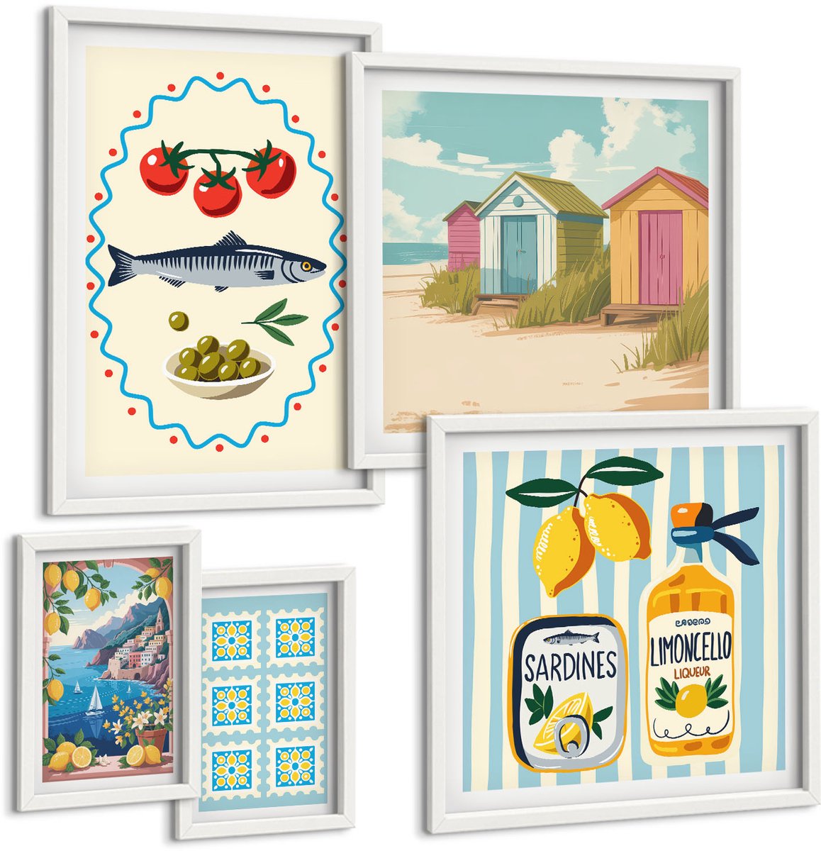 Coloray 5-Delige Schilderij Set - Mediterrane Keuken: Verse Smaken En Kleurrijke Accenten - 50 x 50 cm, 20 x 30 cm En 40 x 60 cm - Schilderijen Set - Wanddecoratie - Woonkamer - Stijlvolle Muurdecoratie