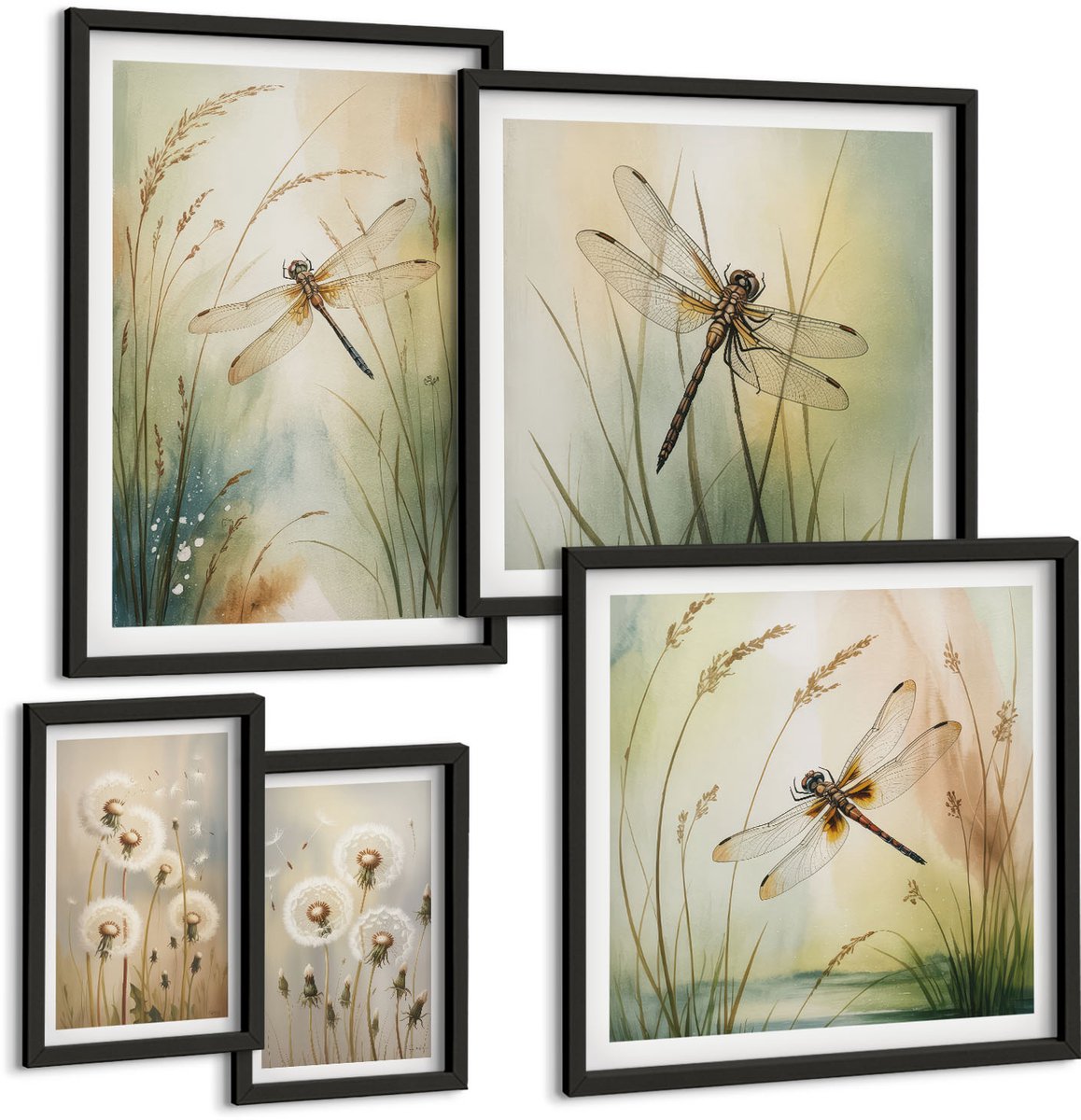 Coloray 5-Delige Schilderij Set - Natuurthema'S Met Libellen En Paardenbloemen In Boho-Stijl - 50 x 50 cm, 20 x 30 cm En 40 x 60 cm - Muurdecoratie - Wanddecoratie - Slaapkamer - Stijlvolle Muurdecoratie Zwarte lijst