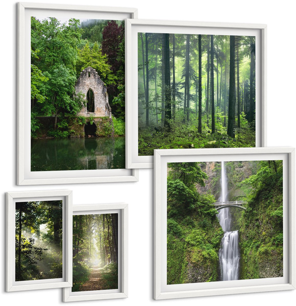 Coloray 5-Delige Schilderij Set - Groene Bossen En Watervallen In Een Natuurlijke Omgeving - 50 x 50 cm, 20 x 30 cm En 40 x 60 cm - Wanddecoratie - Muurdecoratie - Moderne Interieurdecoratie - Woonkamer Decoratie Witte lijst