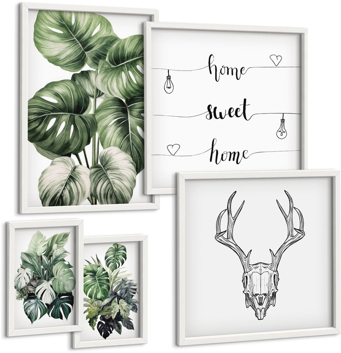 Coloray 5-Delige Schilderij Set - Plantmotieven Met Natuurelementen En Het Woord 'Thuis'. - 50 x 50 cm, 20 x 30 cm En 40 x 60 cm - Schilderijen Set - Wanddecoratie - Woonkamer