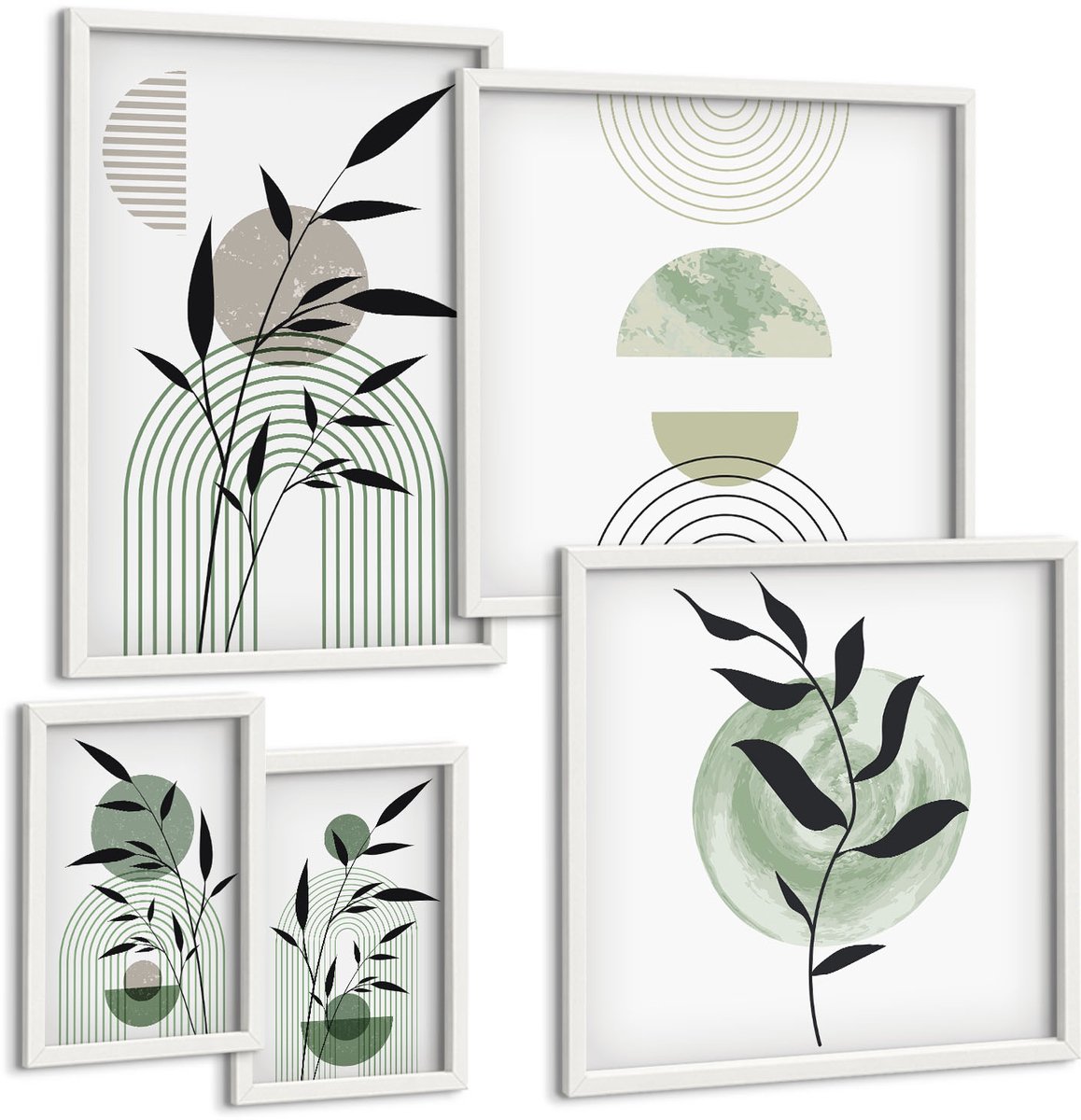 Coloray 5-Delige Schilderij Set - Stijlvolle Afbeeldingen Met Plantmotieven En Geometrische Vormen. - 50 x 50 cm, 20 x 30 cm En 40 x 60 cm - Muurdecoratie - Wanddecoratie - Slaapkamer - Moderne Wanddecoratie