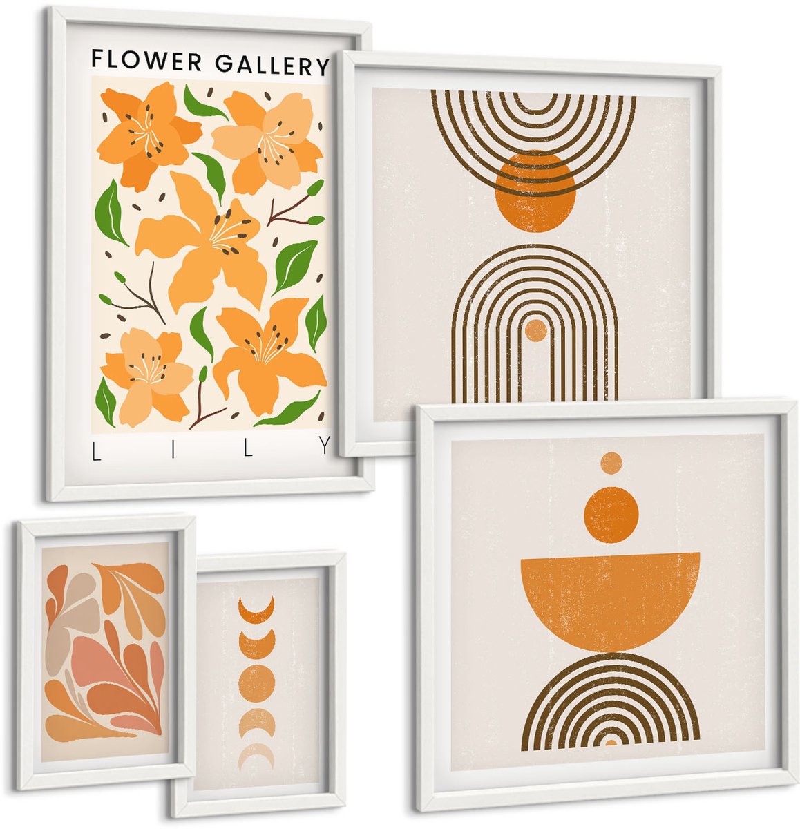 Coloray 5-Delige Schilderij Set - Stijlvolle Afbeeldingen Met Bloemen En Geometrische Patronen - 50 x 50 cm, 20 x 30 cm En 40 x 60 cm - Stijlvolle Muurdecoratie - Kantoor - Wanddecoratie