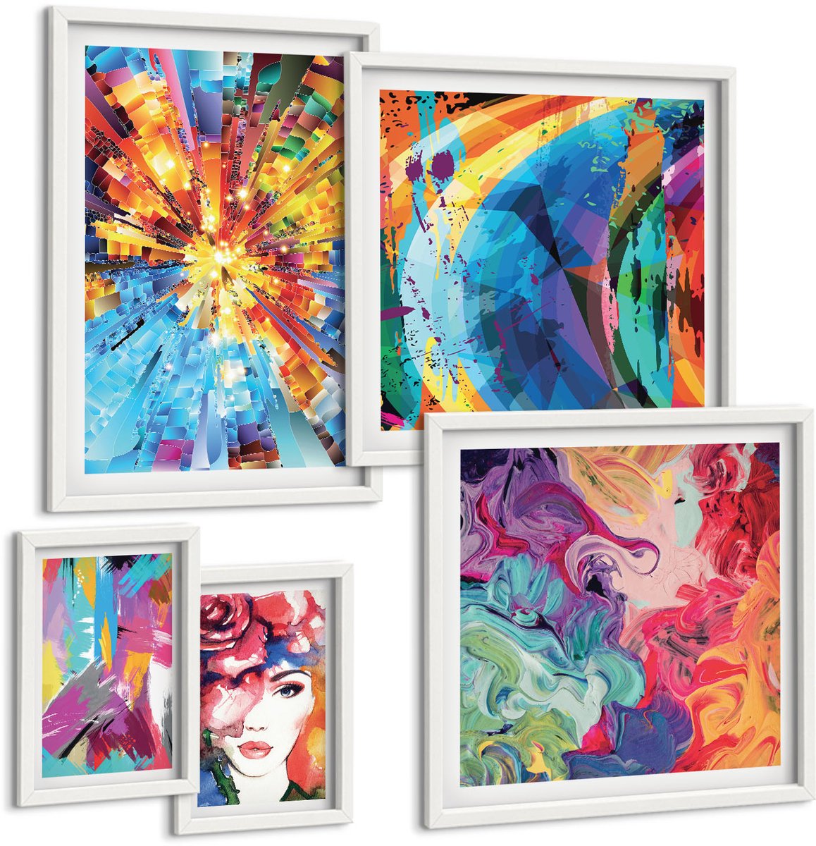 Coloray 5-Delige Schilderij Set - Abstracte, Kleurrijke Composities In Een Moderne Stijl. - 50 x 50 cm, 20 x 30 cm En 40 x 60 cm - Decoratieve Muurdecoratie - Slaapkamer