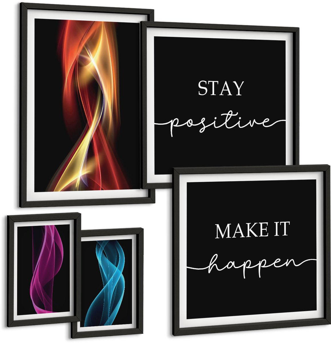 Coloray 5-Delige Schilderij Set - Inspirerende Citaten En Abstracte Lichtpatronen - 50 x 50 cm, 20 x 30 cm En 40 x 60 cm - Wanddecoratie - Muurdecoratie - Woonkamer Zwarte lijst
