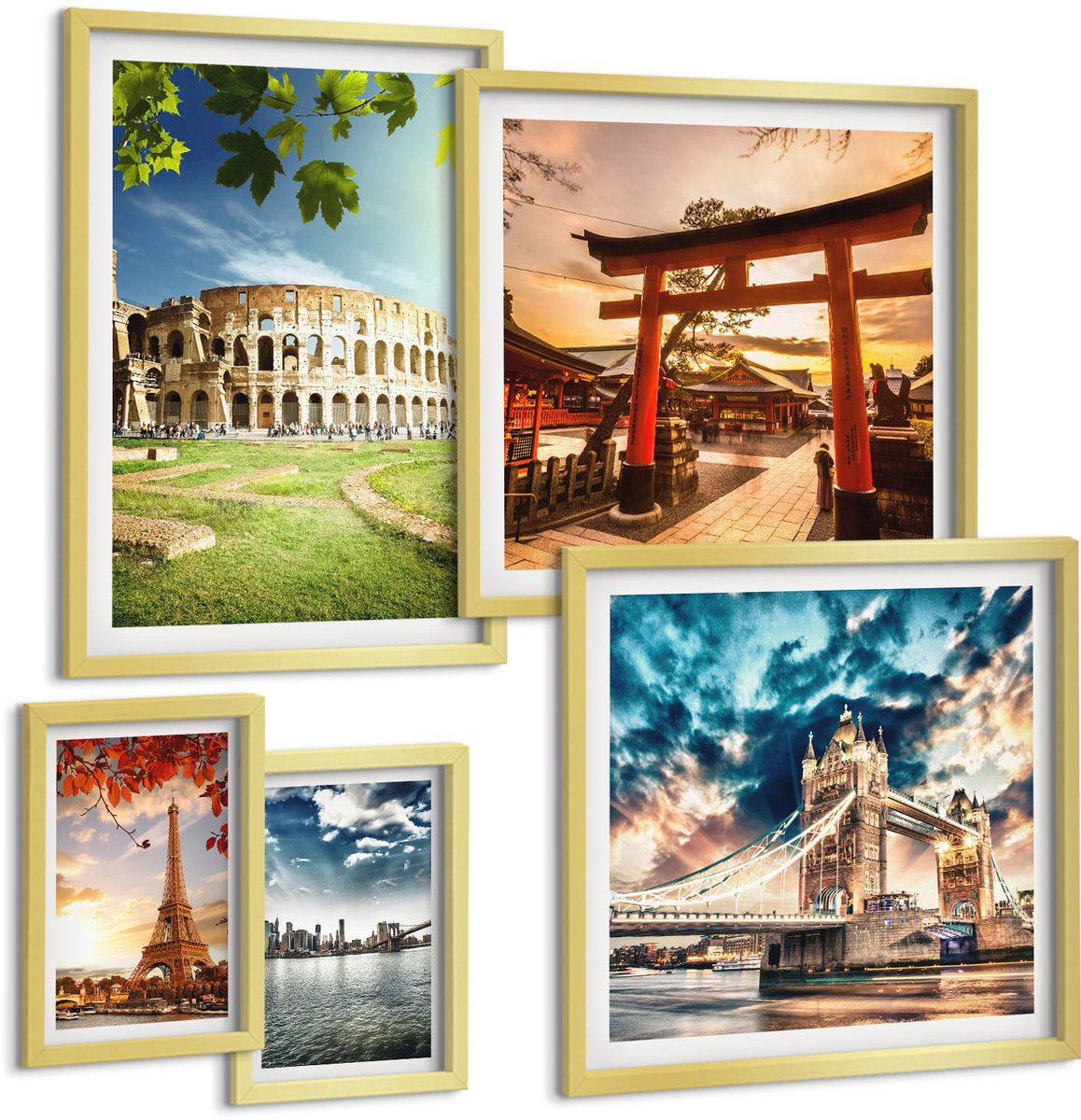 Coloray 5-Delige Schilderij Set - Architectonische Iconen Van Over De Hele Wereld - 50 x 50 cm, 20 x 30 cm En 40 x 60 cm - Stijlvolle Wanddecoratie - Interieur - Moderne Wanddecoratie