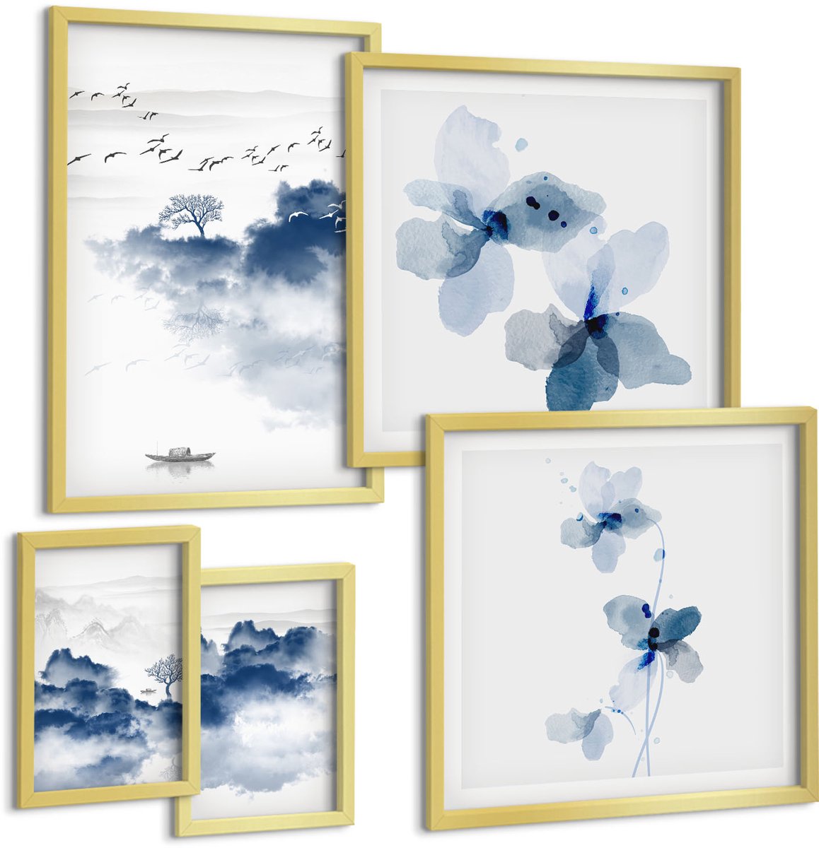 Coloray 5-Delige Schilderij Set - Landschappen Met Tere Bloemen En Kalm Water. - 50 x 50 cm, 20 x 30 cm En 40 x 60 cm - Wanddecoratie - Schilderijen Set - Kantoor - Woonkamer Decoratie