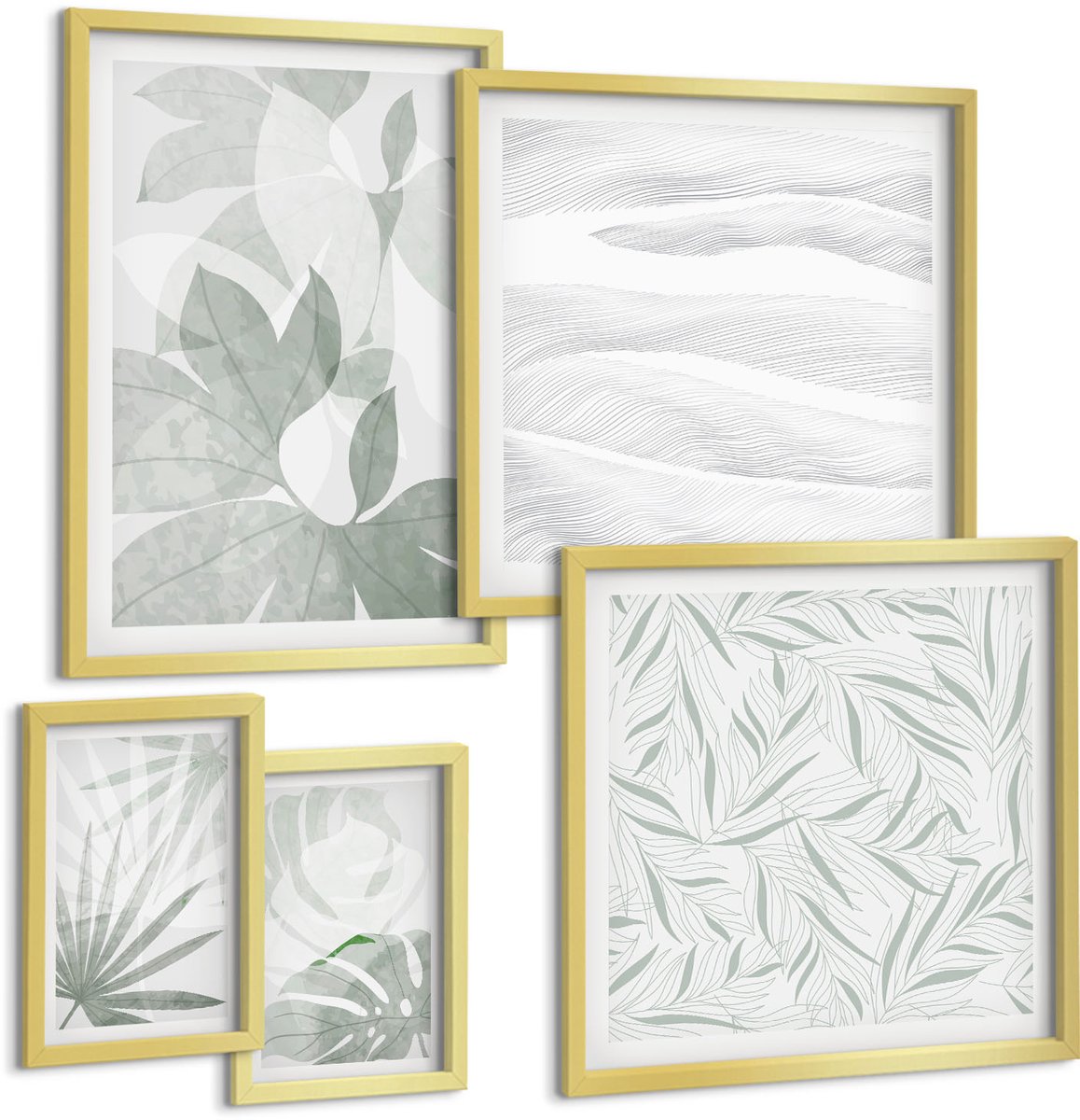 Coloray 5-Delige Schilderij Set - Plantmotieven In Delicate Groene Tinten - 50 x 50 cm, 20 x 30 cm En 40 x 60 cm - Stijlvolle Muurdecoratie - Kantoor