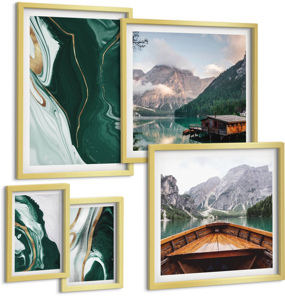 Coloray 5-Delige Schilderij Set - Groene Landschappen Met Water En Berglandschap - 50 x 50 cm, 20 x 30 cm En 40 x 60 cm - Muurdecoratie - Interieur Decoratie - Moderne Wanddecoratie