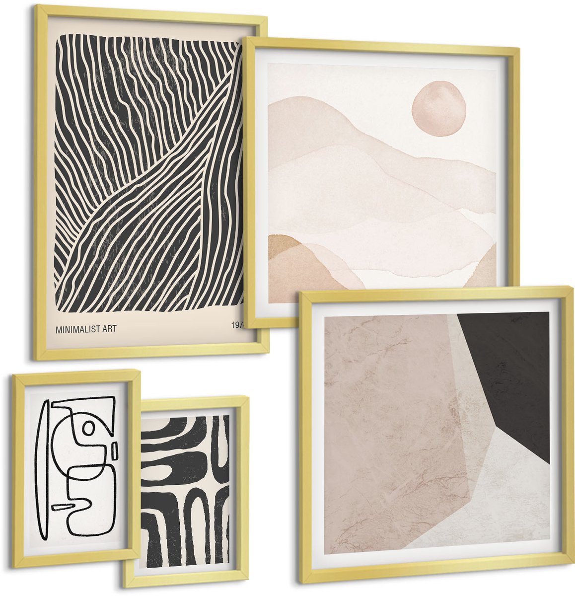 Coloray 5-Delige Schilderij Set - Minimalistische Ontwerpen In Aardse Tinten En Abstracte Vormen. - 50 x 50 cm, 20 x 30 cm En 40 x 60 cm - Muurdecoratie - Schilderijen Set - Woonkamer - Wanddecoratie