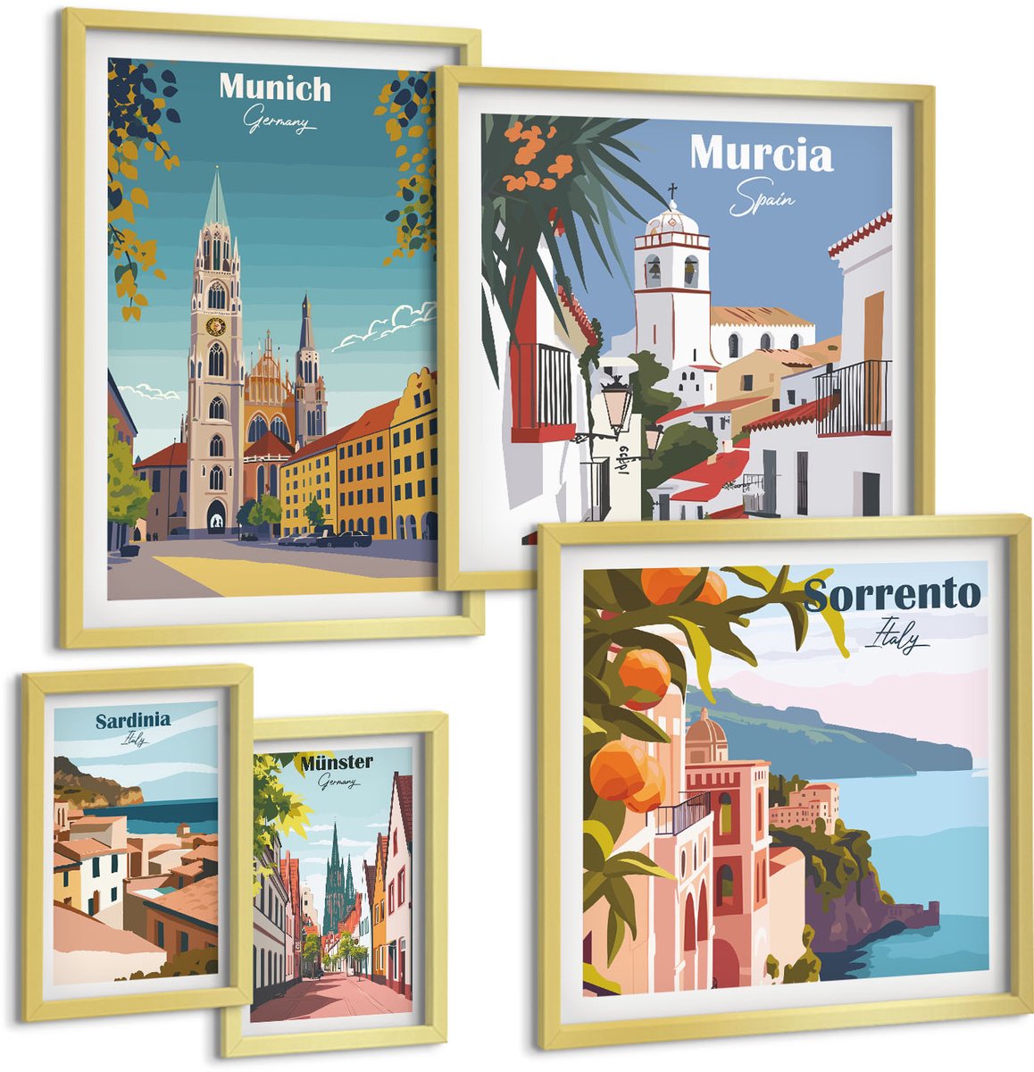 Coloray 5-Delige Schilderij Set - Beelden Van Architectuur En Landschap In Europese Steden - 50 x 50 cm, 20 x 30 cm En 40 x 60 cm - Wanddecoratie - Schilderijen Set - Interieur - Moderne Wanddecoratie