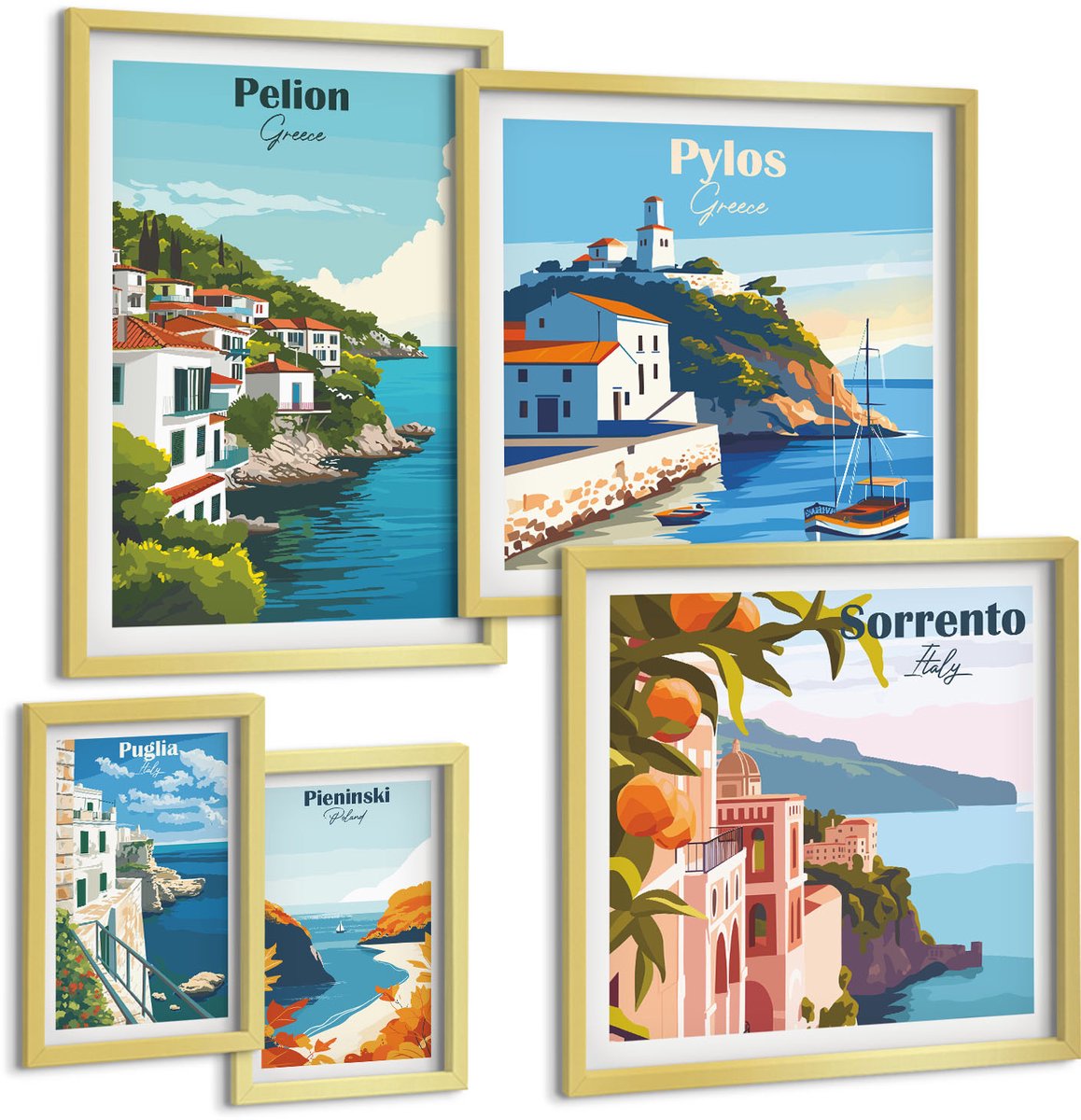 Coloray 5-Delige Schilderij Set - Landschappen Van Griekse Eilanden En Pittoreske Stadjes - 50 x 50 cm, 20 x 30 cm En 40 x 60 cm - Wanddecoratie - Moderne Interieurdecoratie - Moderne Wanddecoratie