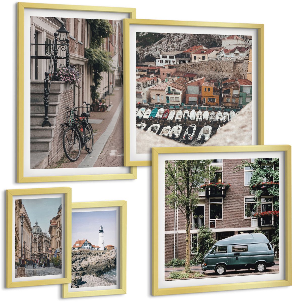 Coloray 5-Delige Schilderij Set - Sfeervolle Straatjes Met Fietsen En Uitzicht Op Vuurtorens. - 50 x 50 cm, 20 x 30 cm En 40 x 60 cm - Moderne Wanddecoratie - Woonkamer - Decoratieve Schilderijen