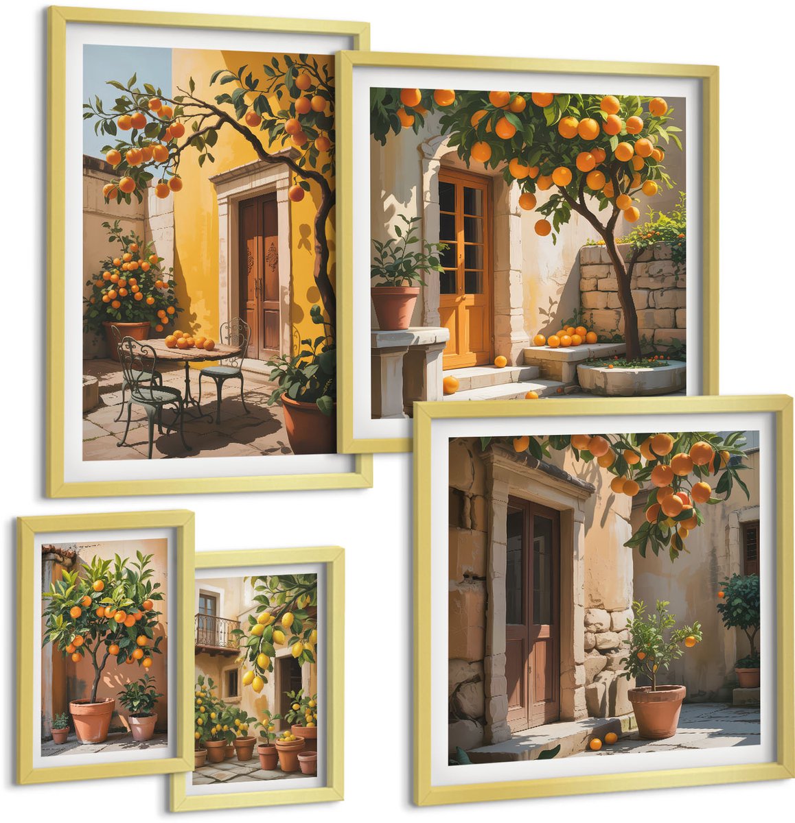 Coloray 5-Delige Schilderij Set - Citrusvruchten In Zonnige Tuinen En Op Terrassen - 50 x 50 cm, 20 x 30 cm En 40 x 60 cm - Decoratieve Schilderijen - Wanddecoratie - Hal - Moderne Wanddecoratie