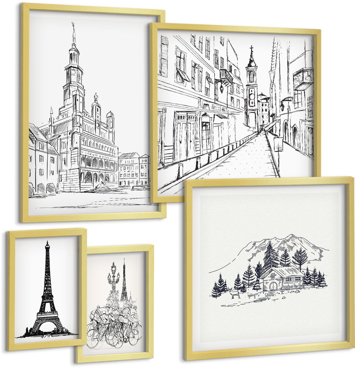 Coloray 5-Delige Schilderij Set - Stijlvolle Illustraties Van Architectuur En Stedelijke Landschappen - 50 x 50 cm, 20 x 30 cm En 40 x 60 cm - Wanddecoratie - Muurdecoratie - Woonkamer - Woonkamer Decoratie