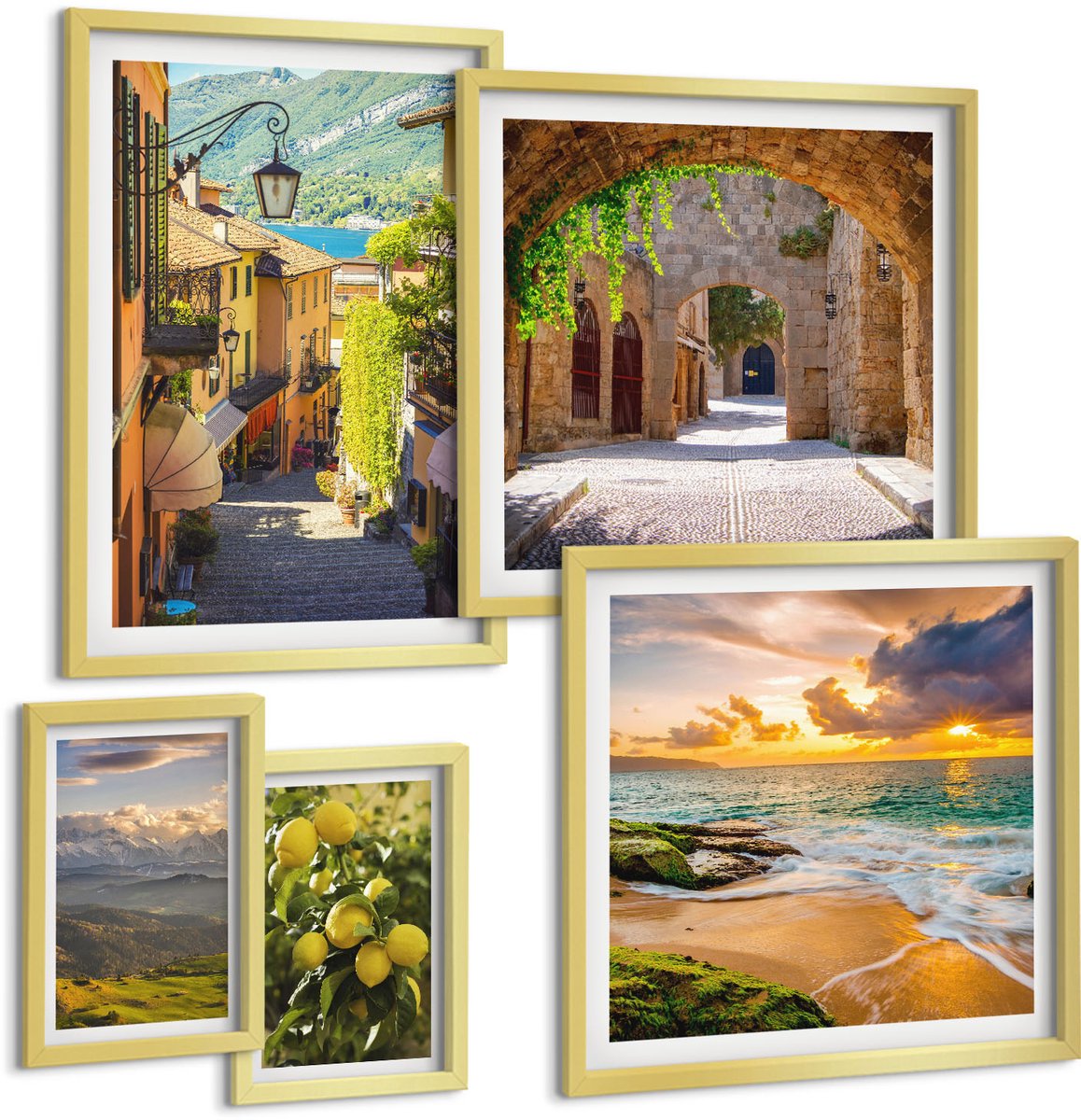 Coloray 5-Delige Schilderij Set - Charmante Straatjes En Pittoreske Natuurlandschappen - 50 x 50 cm, 20 x 30 cm En 40 x 60 cm - Wanddecoratie - Schilderijen Set - Interieur - Moderne Wanddecoratie