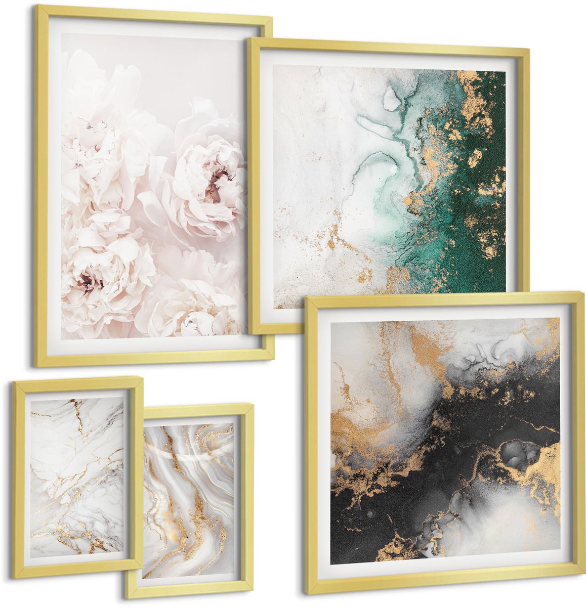 Coloray 5-Delige Schilderij Set - Bloemaccenten En Abstracte Patronen In Een Elegante Stijl. - 50 x 50 cm, 20 x 30 cm En 40 x 60 cm - Wanddecoratie - Schilderijen Set - Interieur - Decoratieve Schilderijen