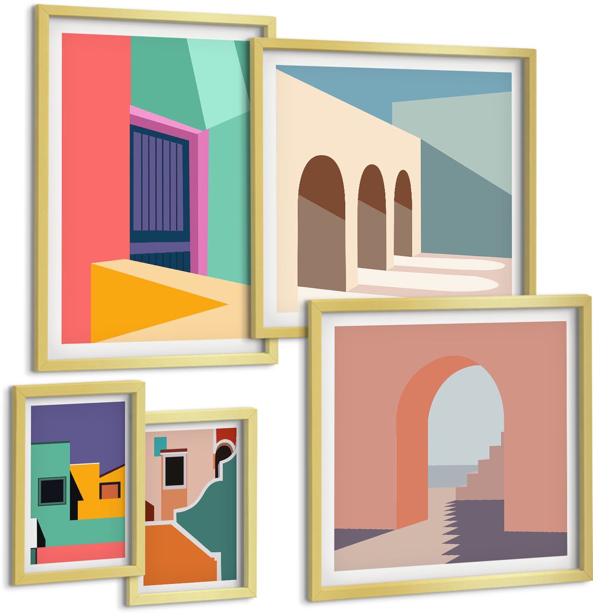 Coloray 5-Delige Schilderij Set - Kleurrijke Stadsgezichten In Een Moderne Stijl. - 50 x 50 cm, 20 x 30 cm En 40 x 60 cm - Muurdecoratie - Wanddecoratie - Hal