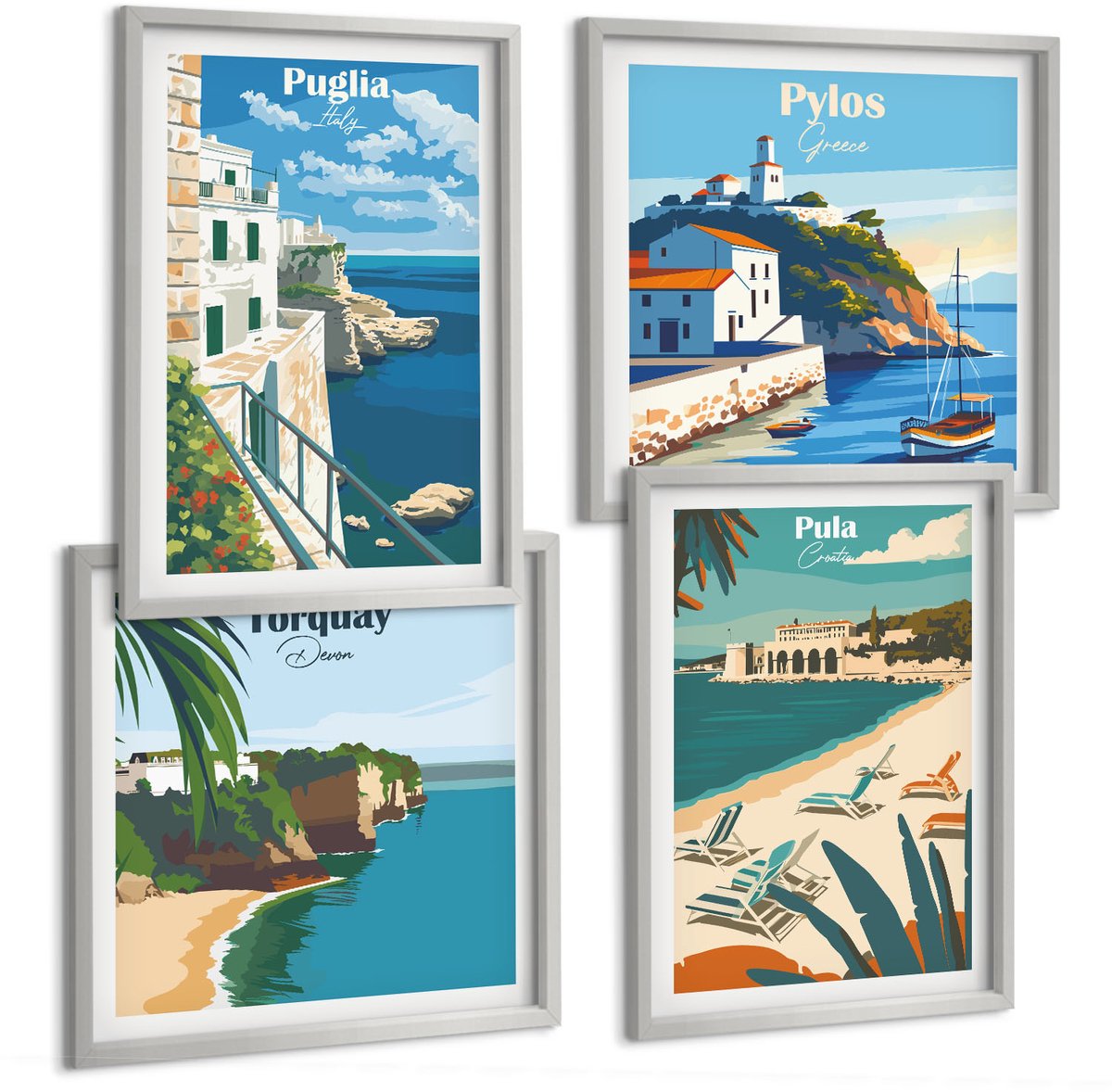 Coloray 4-Delige Schilderij Set - Schilderachtige Kustlandschappen Uit Toeristische Landen - 40 x 40 cm En 40 x 60 cm - Stijlvolle Muurdecoratie - Slaapkamer