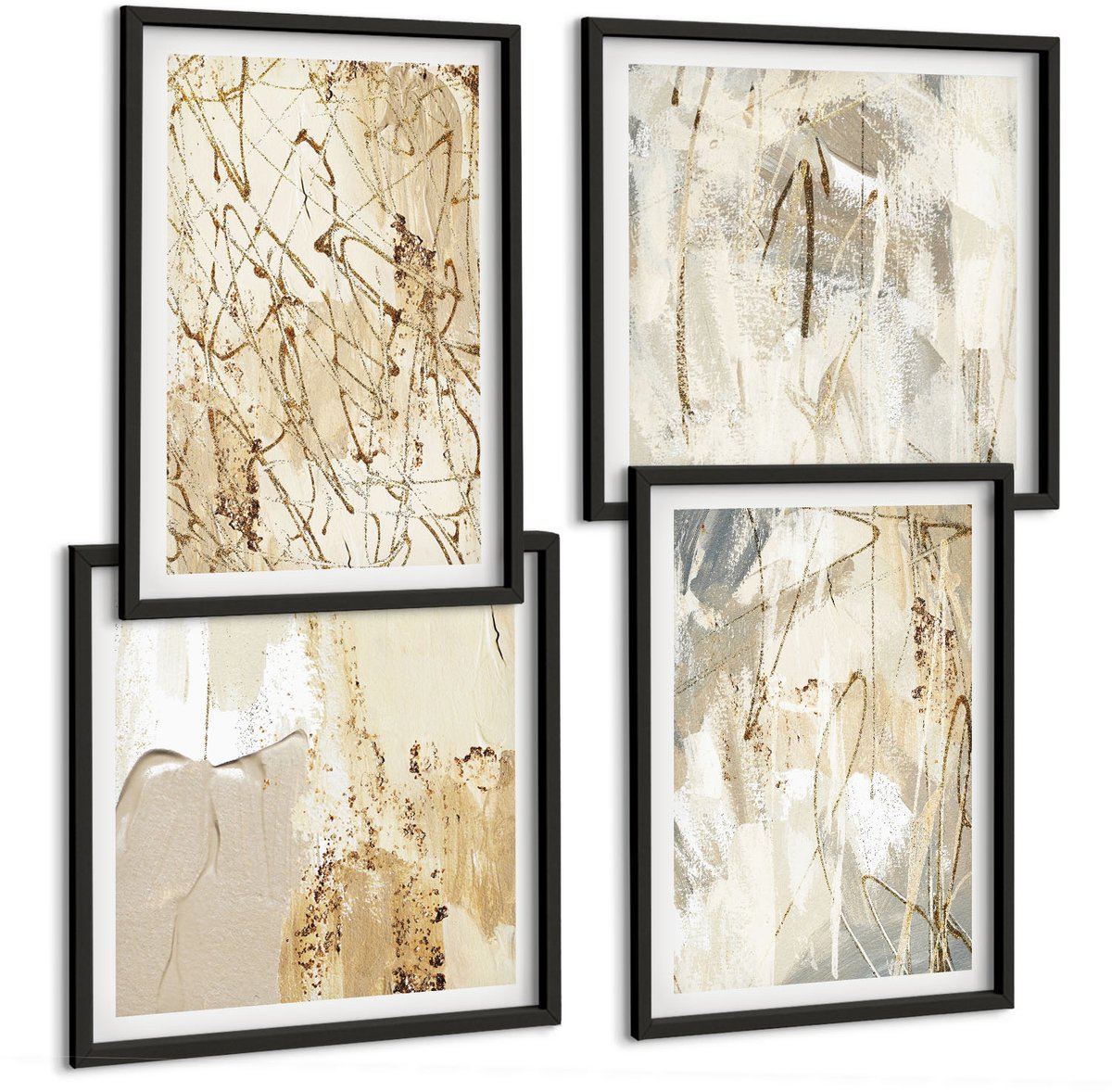 Coloray 4-Delige Schilderij Set - Beige Abstracte Geschilderde Vormen En Lijnen - 40 x 40 cm En 40 x 60 cm - Wanddecoratie - Muurdecoratie - Woonkamer - Woonkamer Decoratie Zwarte lijst