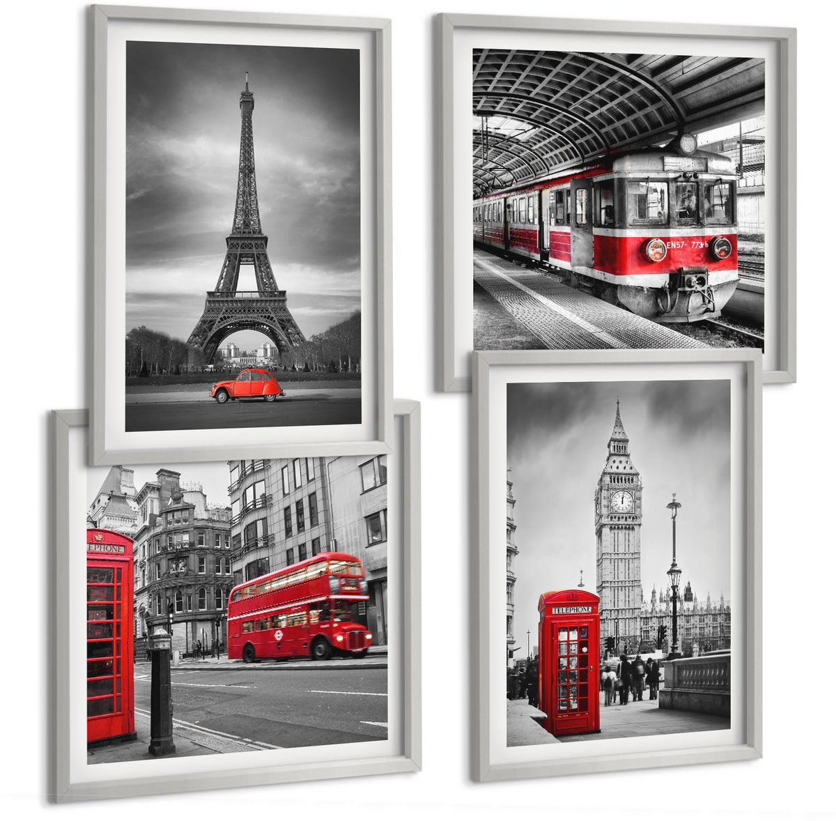 Coloray 4-Delige Schilderij Set - Rode Bussen In Het Stedelijk Landschap - 40 x 40 cm En 40 x 60 cm - Decoratieve Schilderijen - Wanddecoratie - Hal