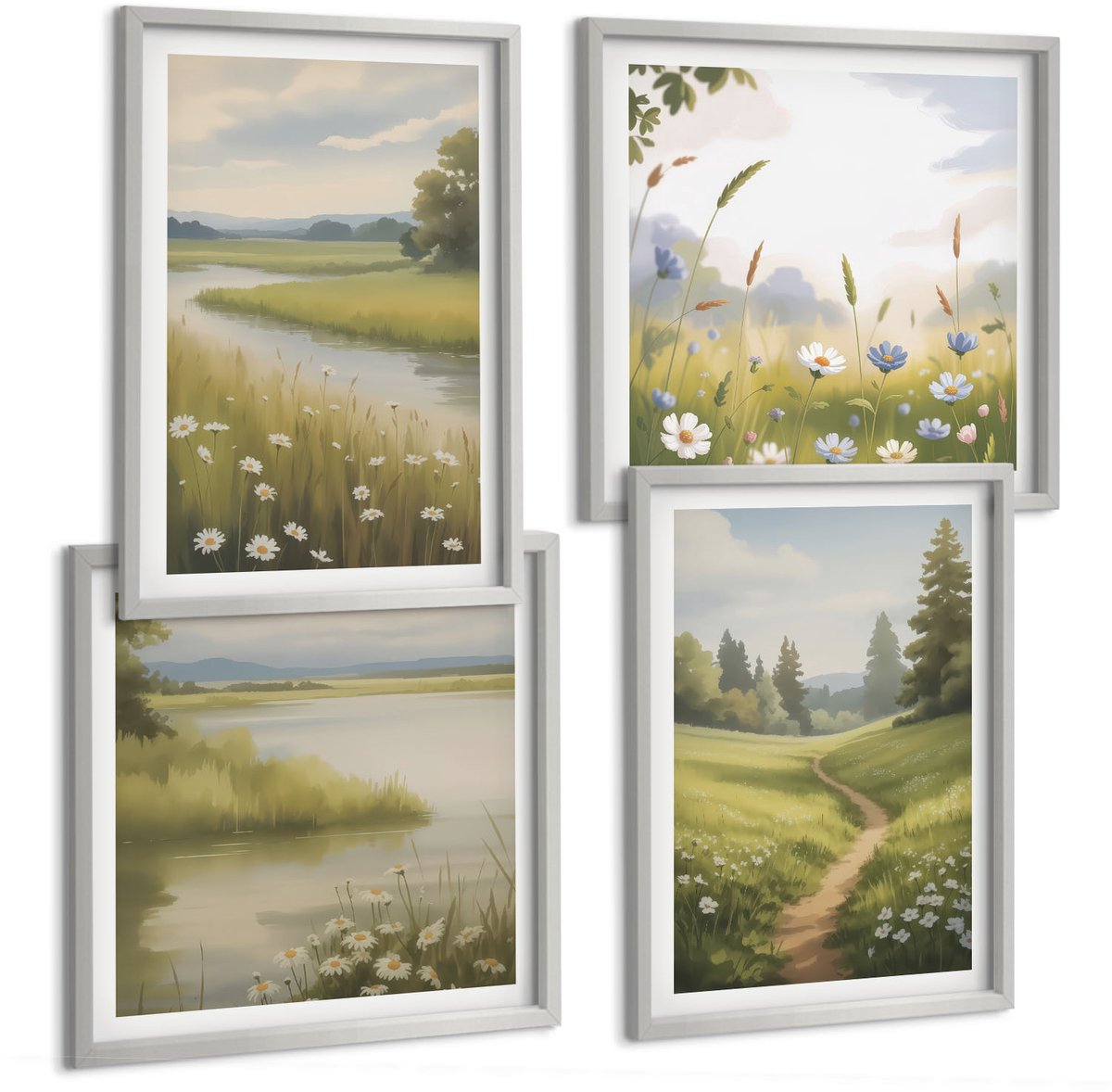 Coloray 4-Delige Schilderij Set - Lentelandschap Met Een Rivier, Pad En Bloemenweide - 40 x 40 cm En 40 x 60 cm - Decoratieve Schilderijen - Wanddecoratie - Hal - Woonkamer Decoratie