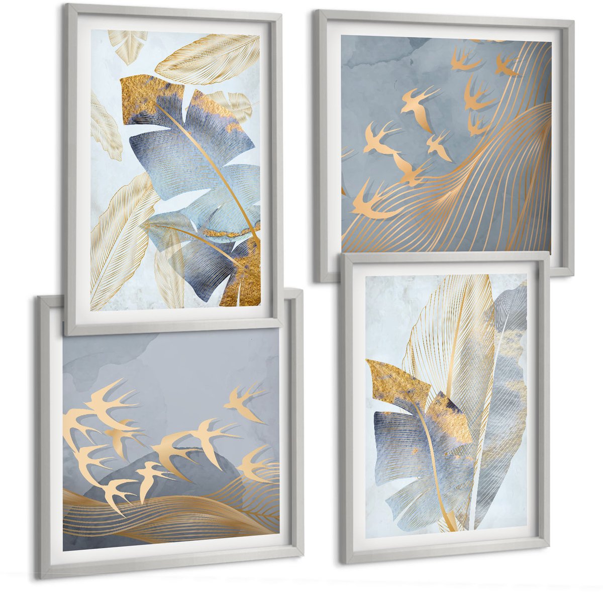 Coloray 4-Delige Schilderij Set - Bladeren In Blauwe En Beige Tinten Op Een Lichte Achtergrond. - 40 x 40 cm En 40 x 60 cm - Stijlvolle Muurdecoratie - Kantoor - Interieur Decoratie