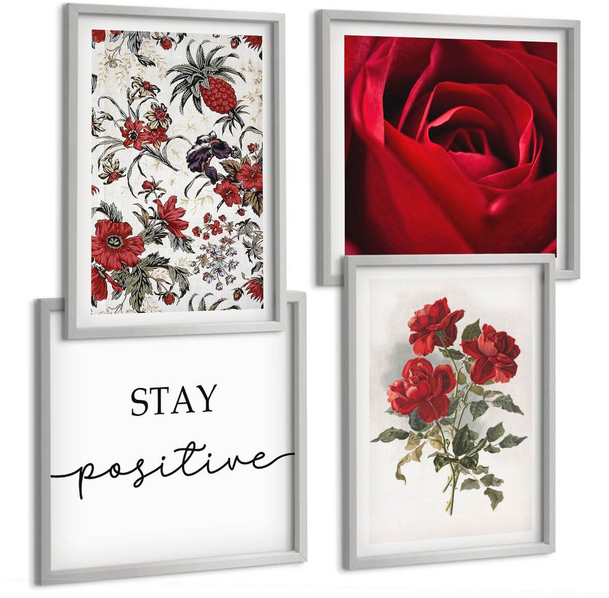 Coloray 4-Delige Schilderij Set - Rode Rozen En Inspirerende Letters - 40 x 40 cm En 40 x 60 cm - Stijlvolle Wanddecoratie - Interieur