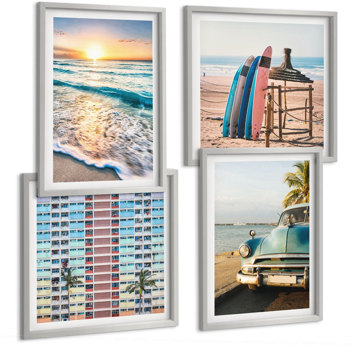 Coloray 4-Delige Schilderij Set - Vakantie In Miami Met Uitzicht Op De Zonsondergang En Zee - 40 x 40 cm En 40 x 60 cm - Wanddecoratie - Schilderijen Set - Kantoor - Moderne Wanddecoratie