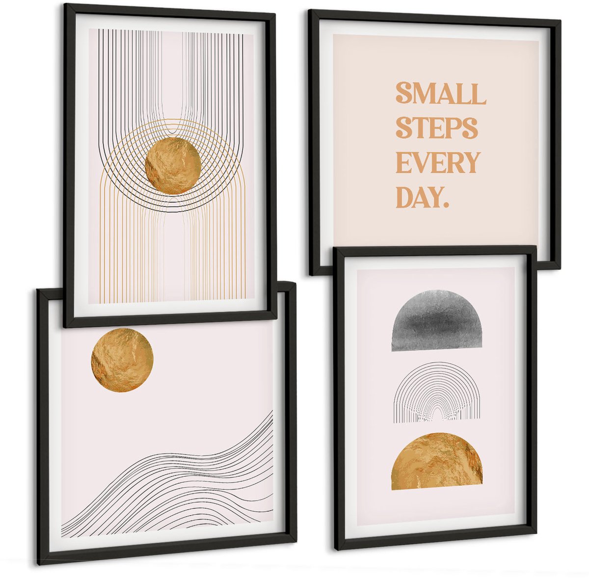 Coloray 4-Delige Schilderij Set - Abstracte Geometrie, Decoratieve Vormen, Belettering - 40 x 40 cm En 40 x 60 cm - Moderne Wanddecoratie - Slaapkamer Zwarte lijst