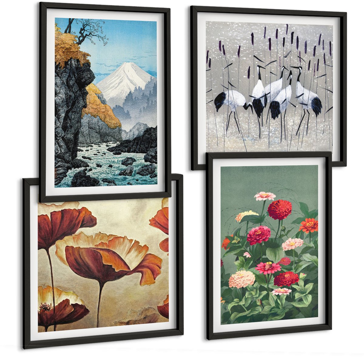 Coloray 4-Delige Schilderij Set - Bergen Met Een Waterval, Vogels In Vlucht En Kleurrijke Bloemen - 40 x 40 cm En 40 x 60 cm - Stijlvolle Muurdecoratie - Slaapkamer - Interieur Decoratie Zwarte lijst