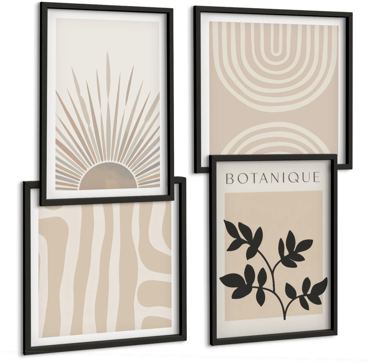 Coloray 4-Delige Schilderij Set - Abstracte Patronen Met Plantenaccenten In Neutrale Tinten. - 40 x 40 cm En 40 x 60 cm - Wanddecoratie - Moderne Interieurdecoratie - Muurdecoratie Zwarte lijst