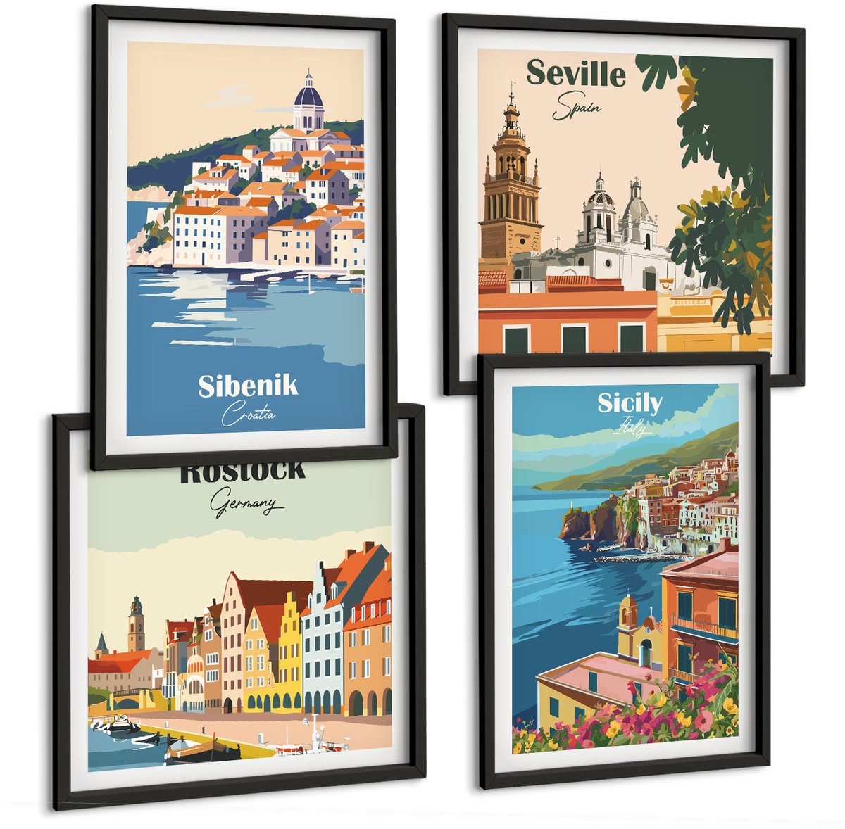 Coloray 4-Delige Schilderij Set - Europese Stadsgezichten Met Kleurrijke Gebouwen - 40 x 40 cm En 40 x 60 cm - Wanddecoratie - Muurdecoratie - Woonkamer - Woonkamer Decoratie Zwarte lijst