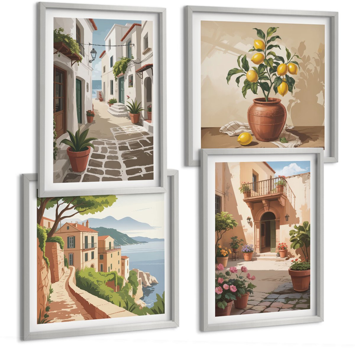 Coloray 4-Delige Schilderij Set - Schilderachtige Straatjes Met Huizen En Potplanten. - 40 x 40 cm En 40 x 60 cm - Wanddecoratie - Muurdecoratie - Moderne Interieurdecoratie - Stijlvolle Muurdecoratie