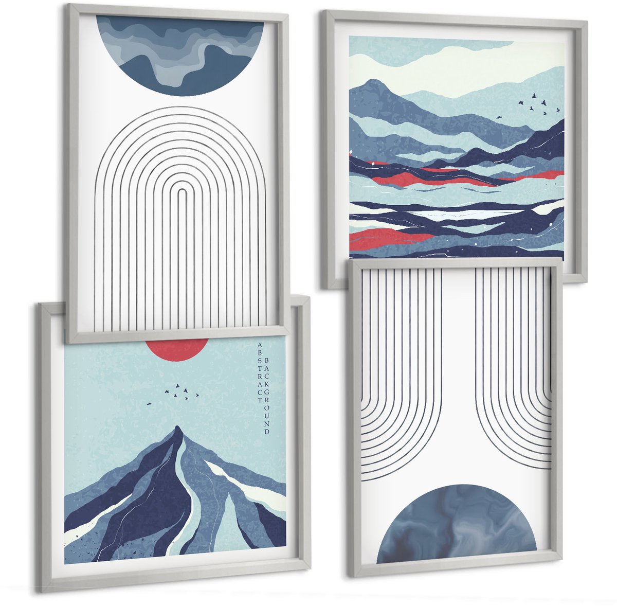 Coloray 4-Delige Schilderij Set - Abstracte Patronen, Berglandschappen, Japandi - 40 x 40 cm En 40 x 60 cm - Wanddecoratie - Woonkamer Decoratie