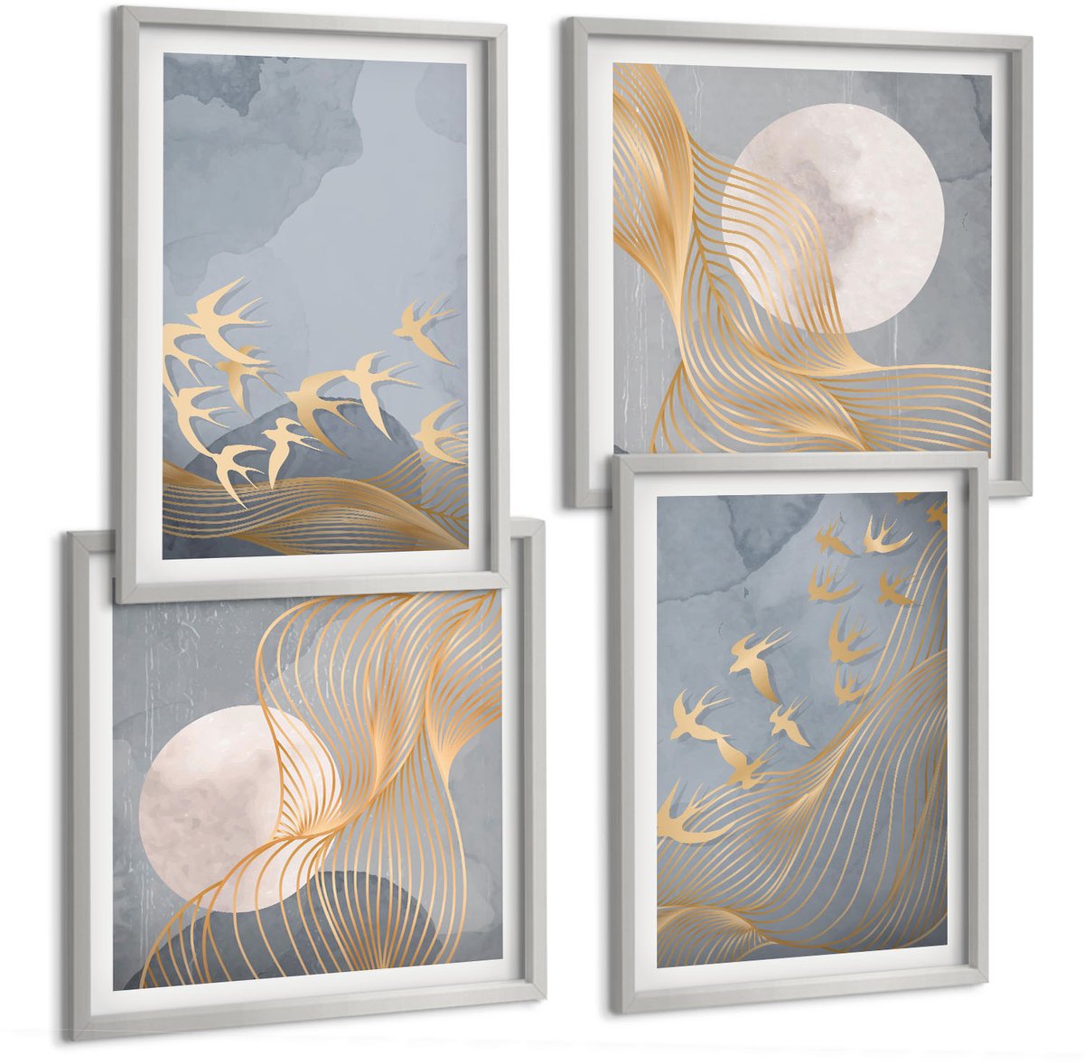 Coloray 4-Delige Schilderij Set - Vogels In Vlucht Tegen De Hemel En De Maan. - 40 x 40 cm En 40 x 60 cm - Wanddecoratie - Muurdecoratie - Woonkamer - Moderne Wanddecoratie