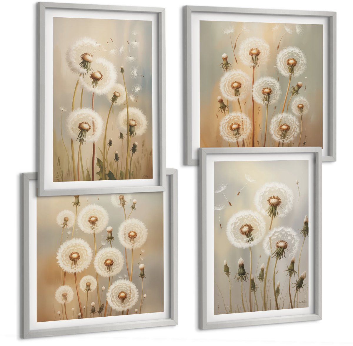 Coloray 4-Delige Schilderij Set - Witte Paardenbloemen Op Een Achtergrond Van Lichte Kleuren. - 40 x 40 cm En 40 x 60 cm - Moderne Wanddecoratie - Woonkamer - Interieur Decoratie