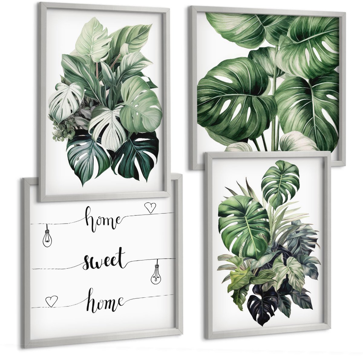 Coloray 4-Delige Schilderij Set - Groene Bladeren Van Tropische Planten, Aquarelverf - 40 x 40 cm En 40 x 60 cm - Wanddecoratie - Schilderijen Set - Interieur - Stijlvolle Muurdecoratie