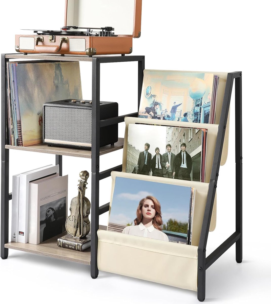 Platenspeler Standaard Eindtafel met 3 Niveaus Opslag voor Vinylplaten Platenspeler Tafel tot 200 Albums, Platenspeler Standaard voor Vnyl Platen, Vinyl Platenhouder Kabinet voor de Woonkamer (Wit)