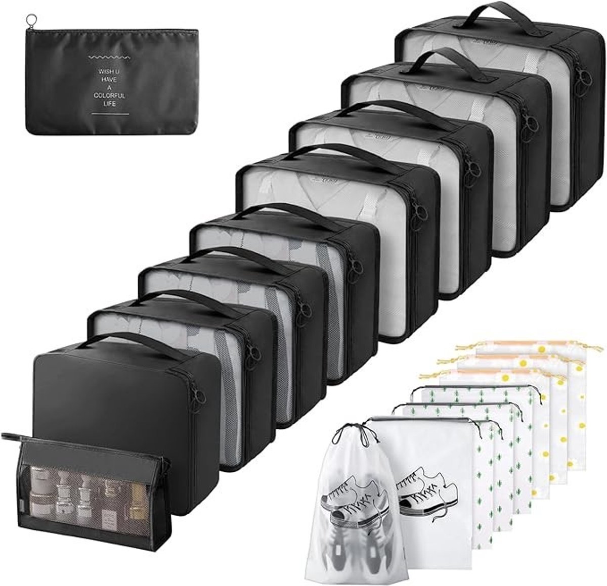 PolkaHome 18-delige kofferorganizerset met waterdichte verpakkingskubussen, reisorganizer met mesh-panelen en handvatten, zwart