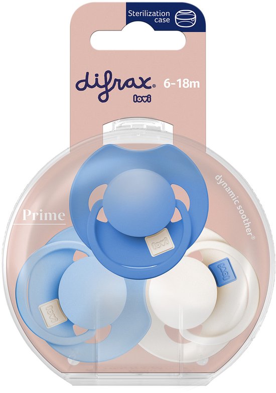 Difrax fopspenen, 6-18 maanden, in blauw en crème met sterilisatiecase.