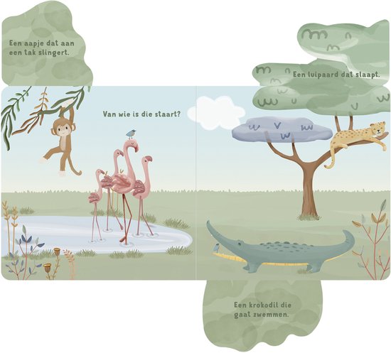 Een aapje slingert aan een tak, roze flamingo's staan in het water, een luipaard slaapt in een boom en een krokodil zwemt.