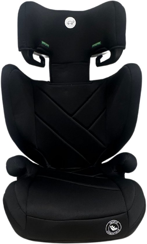 Zwarte Puck Lewis ISOFIX autostoel, groep 2/3, met gebogen hoofdsteun en kruisvormig stiksel.