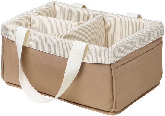 Commode mandje in camelkleur met beige en witte strepen, met twee handvatten en verdeeld in vakken.