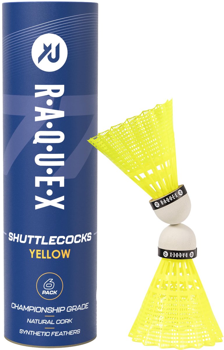 Raquex badmintonshuttles met nylon veren in een koker met 6 witte of gele, natuurlijke en duurzame kurken shuttles. - ShopVlot
