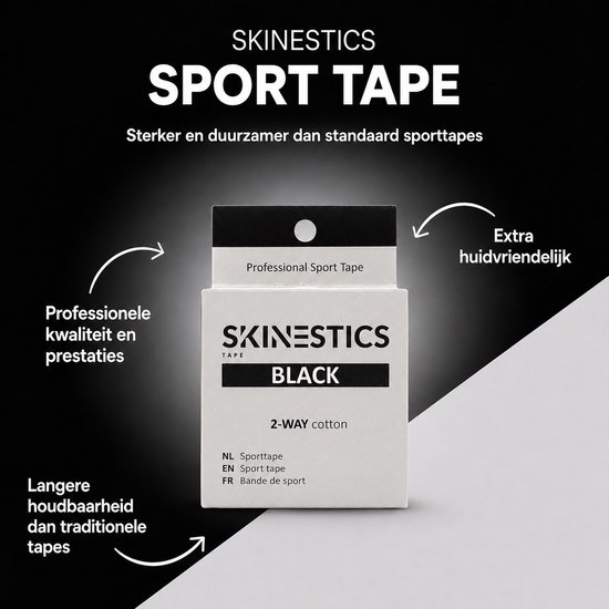 Zwarte rol Skinectics sporttape, met "Professional Sport Tape" en "BLACK" op de doos. Icoontjes voor professionele kwaliteit en extra huidvriendelijk.