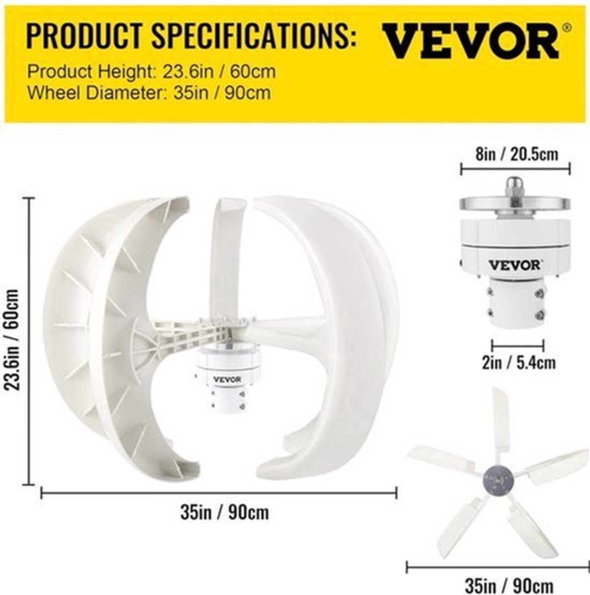 Windgenerator – Windturbine – Verticale Generator – Zonne-energie Generator – Draagbare Turbine – 600W Vermogen – Weerbestendige Nylon Bladen
