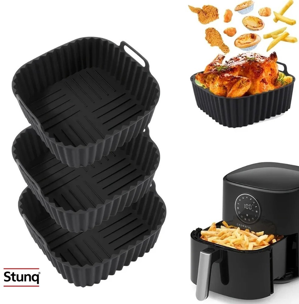 Stunq® Siliconen Airfryer Liner Set van 3 – Herbruikbare Anti-aanbak Mand voor 4-7QT